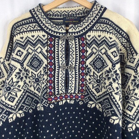 Devold Men's 100% Wool Sweater Setesdal Pattern Blue Red Unisex Size L - Picture 3 of 9